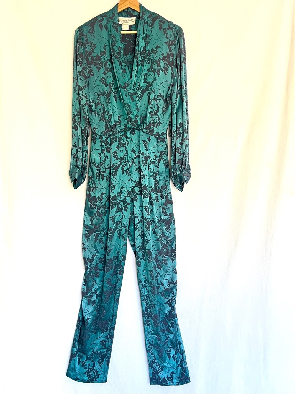Vintage satin evening jumpsuit Teal Floral Jacquard Glam Statement luxurious